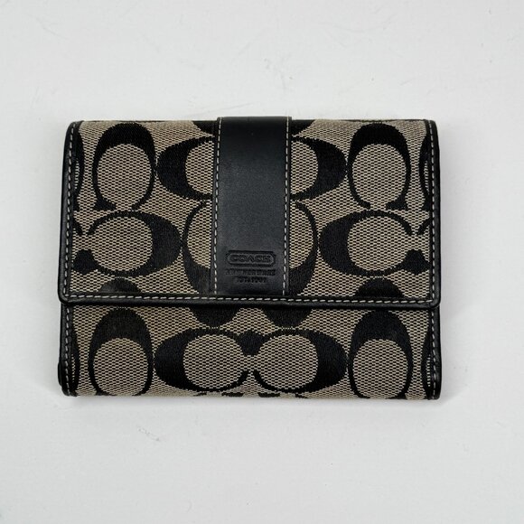 Y2K Coach Signature Trifold Wallet Black Monogram Canvas Leather Trim - Picture 1 of 9